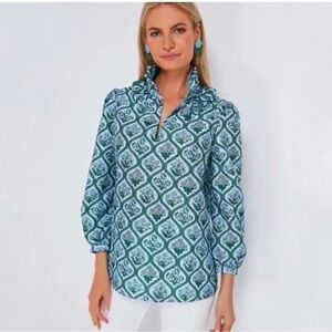 Tuckernuck Bouvier Ruffle Neck Blue Floral Trellis Blouse